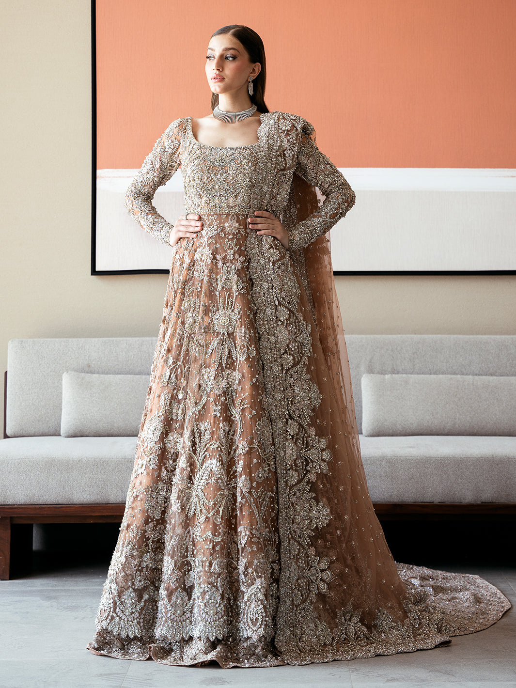 Pakistani Ash Brown Resham Tilla Net Pishwas (3-Piece) - Image 5