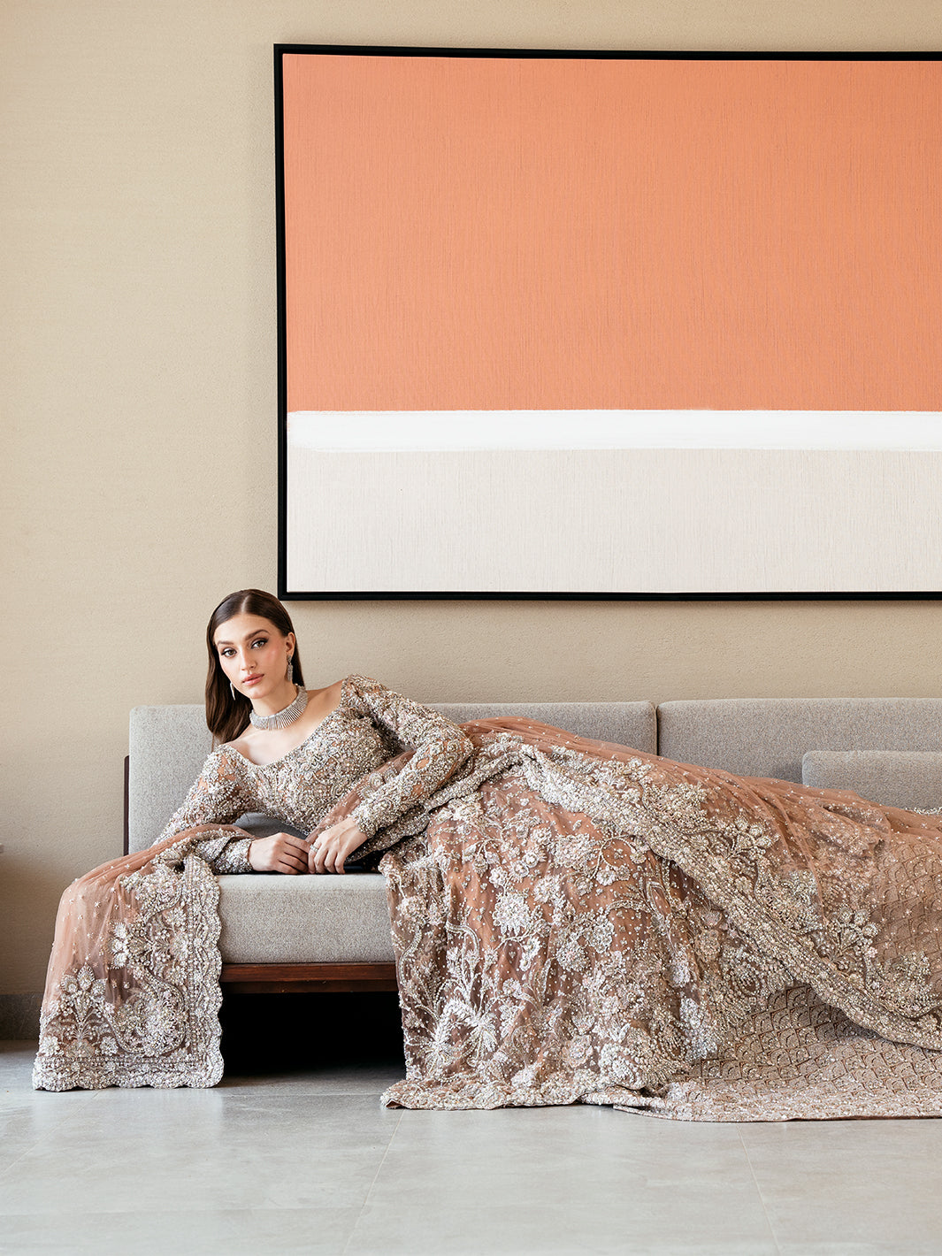 Pakistani Ash Brown Resham Tilla Net Pishwas (3-Piece) - Image 6