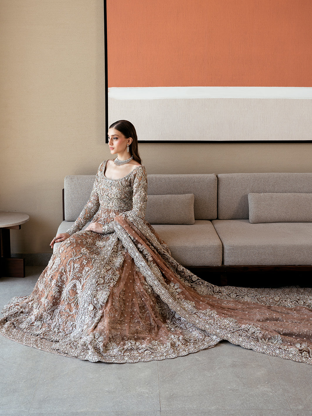 Pakistani Ash Brown Resham Tilla Net Pishwas (3-Piece) - Image 8