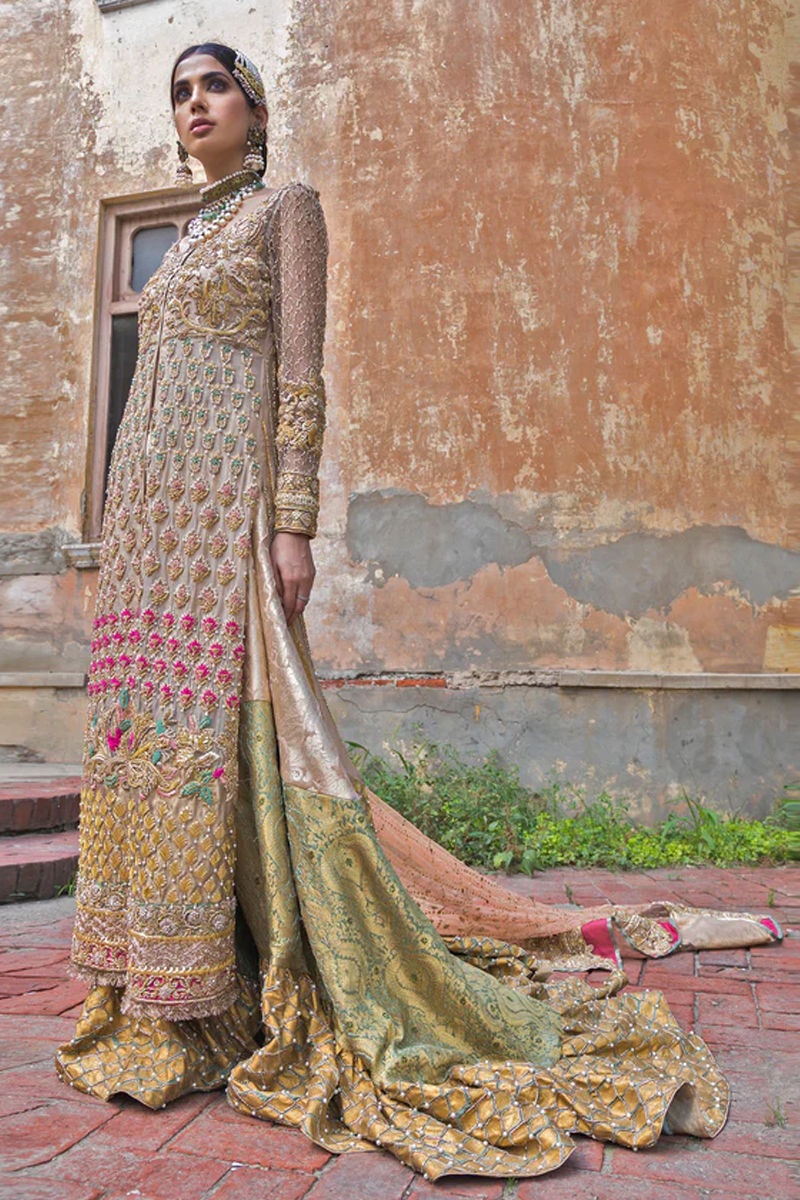 Pakistani Sepia Embroidered Organza Pishwas Dress (3-Piece) - Image 1