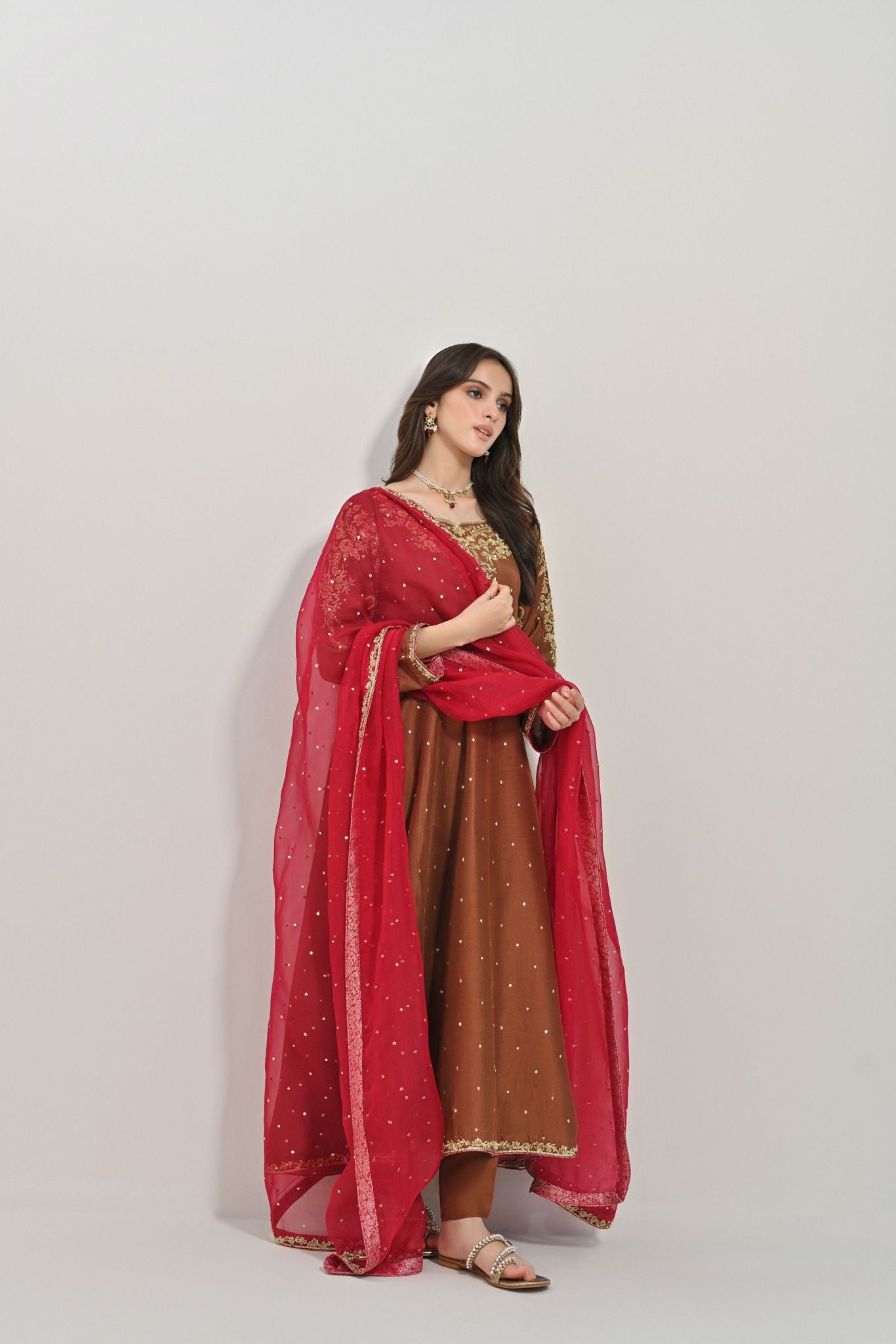 Dark Brown Handworked Pure Raw Silk Pishwas (3-Piece) - Image 1