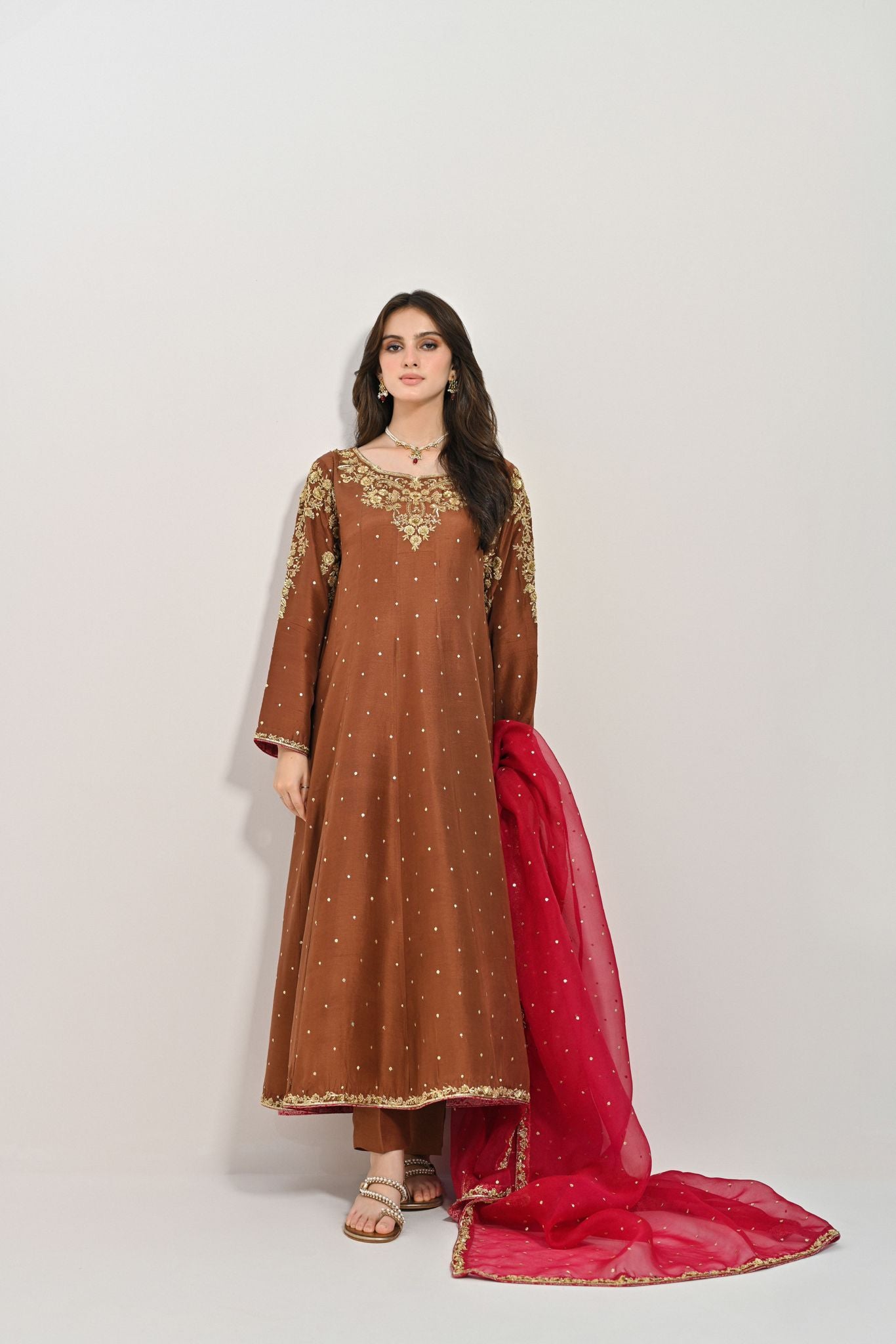 Dark Brown Handworked Pure Raw Silk Pishwas (3-Piece) - Image 2