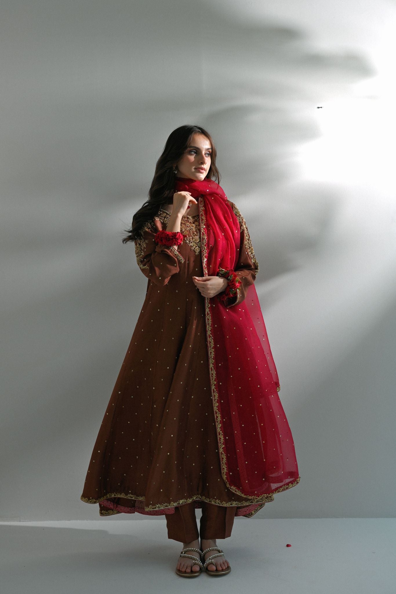 Dark Brown Handworked Pure Raw Silk Pishwas (3-Piece) - Image 3
