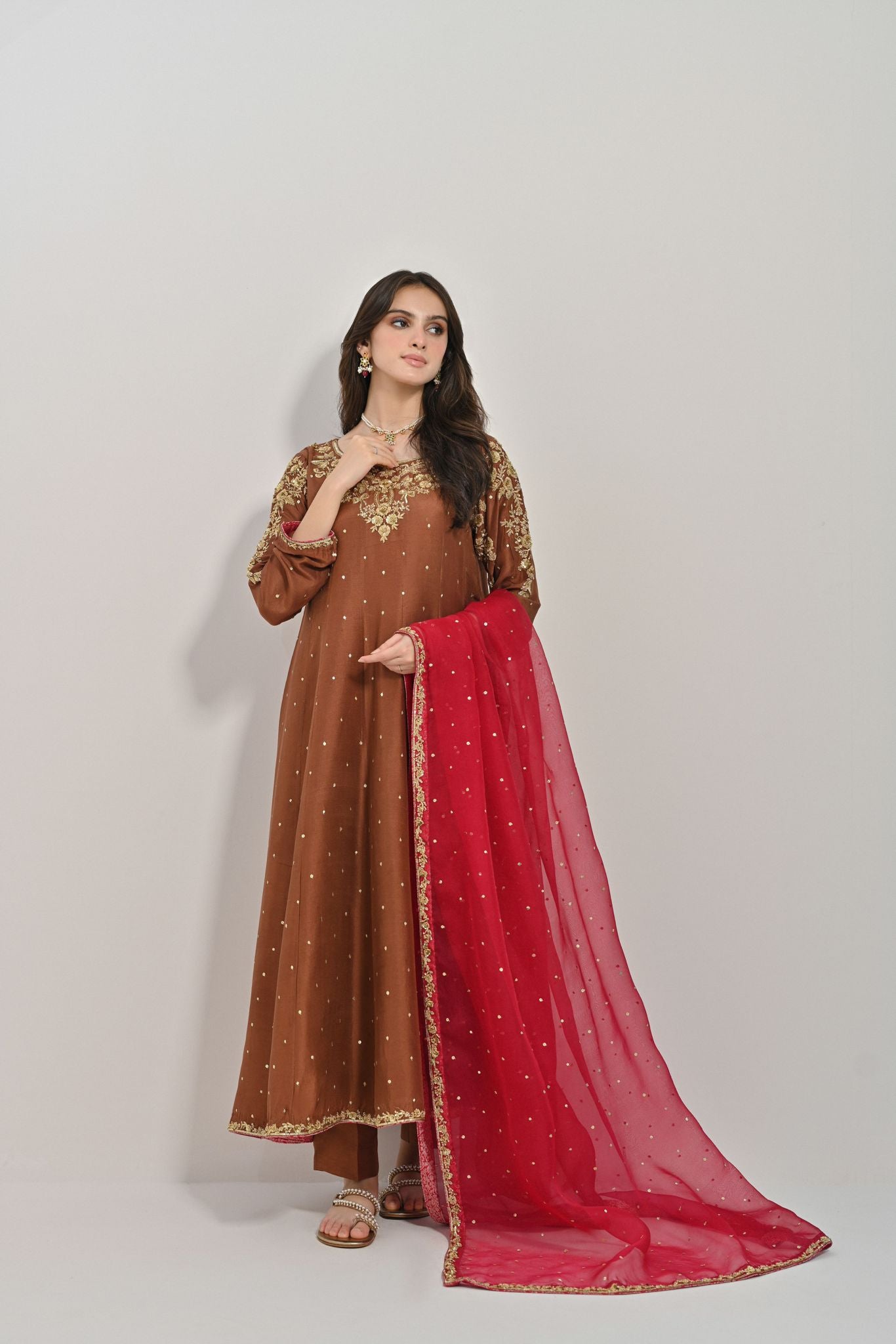 Dark Brown Handworked Pure Raw Silk Pishwas (3-Piece) - Image 4