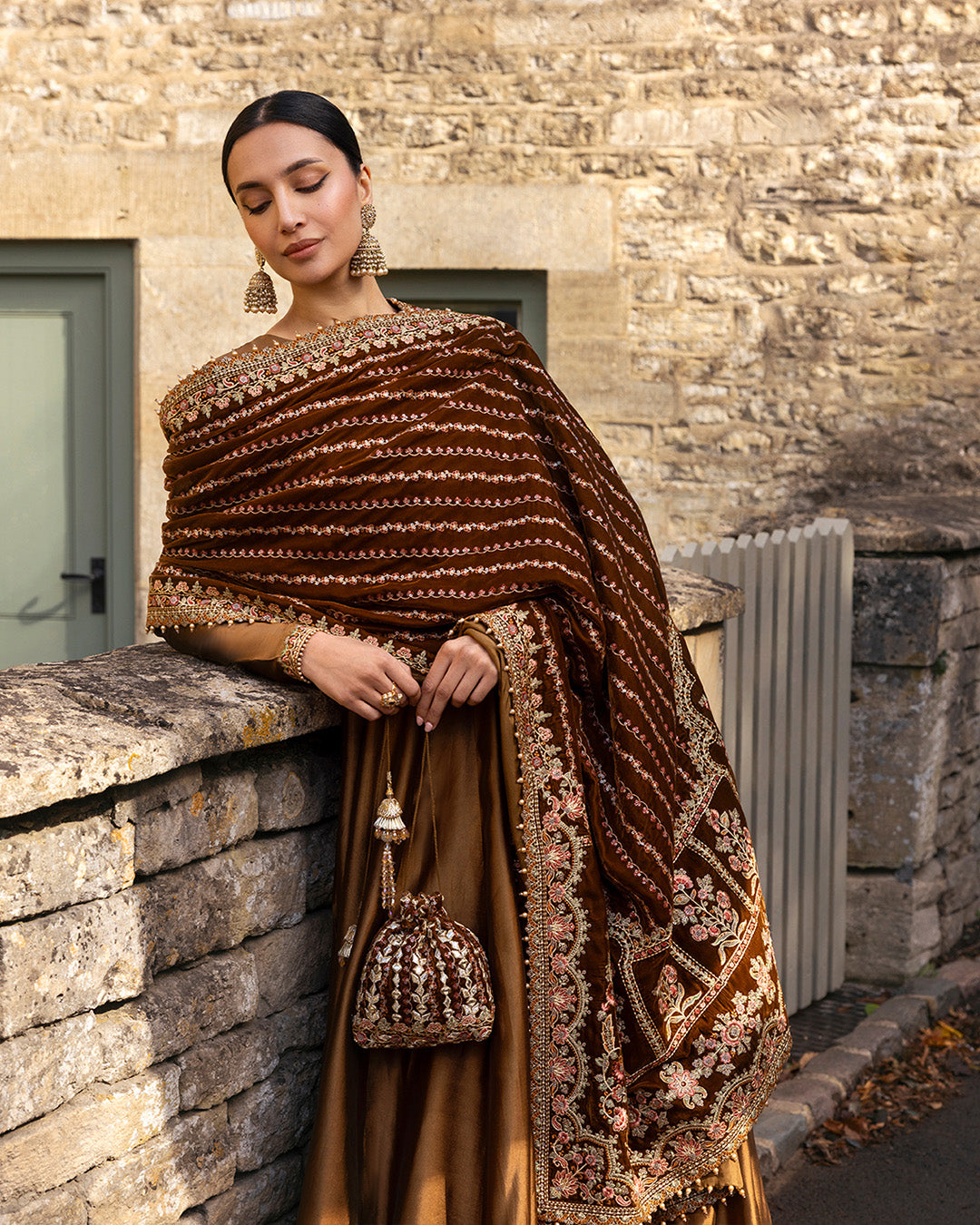 Pakistani Copper Brown Embroidered Silk Pishwas (3-Piece) - Image 3