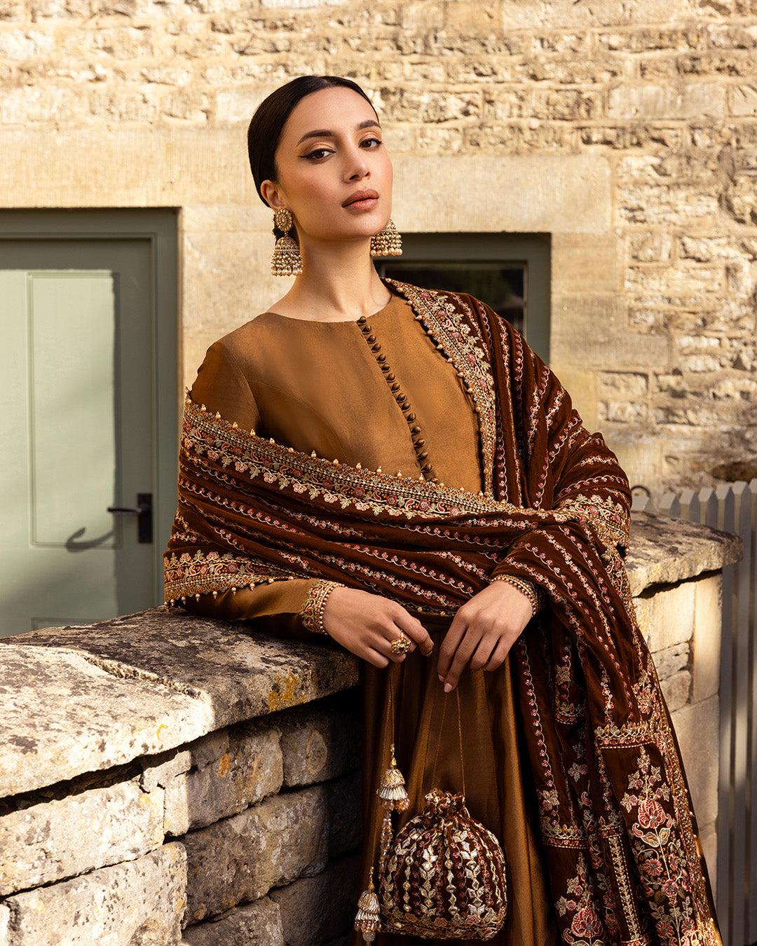 Pakistani Copper Brown Embroidered Silk Pishwas (3-Piece) - Image 5