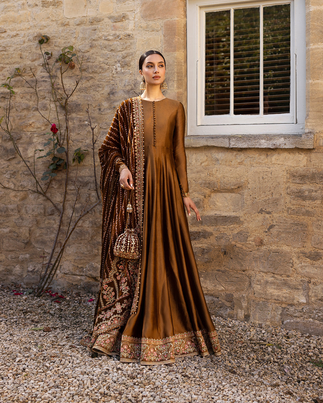 Pakistani Copper Brown Embroidered Silk Pishwas (3-Piece) - Image 6