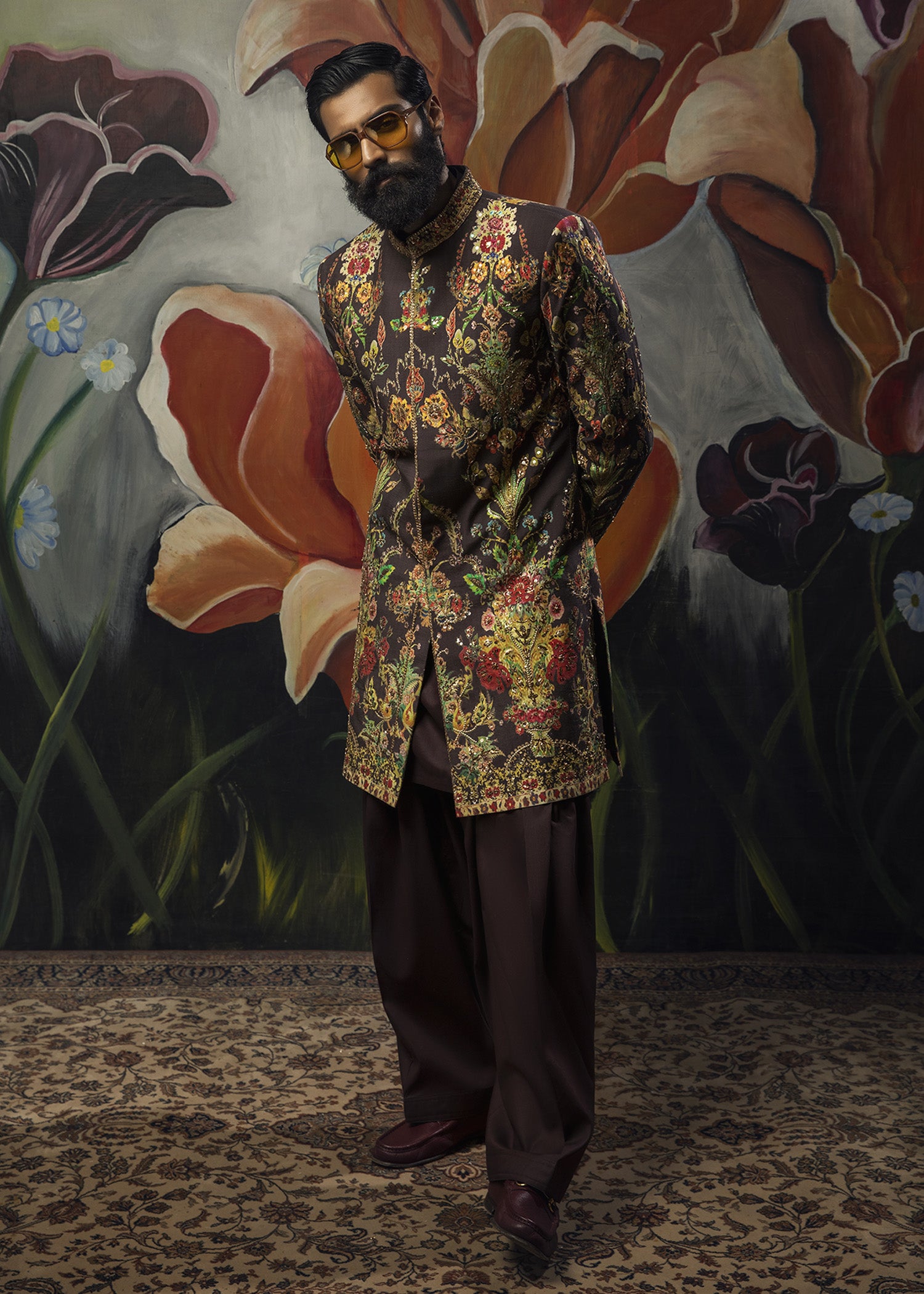 Chocolate Brown Zardozi Cotton Prince Coat (3-Piece) - Image 4