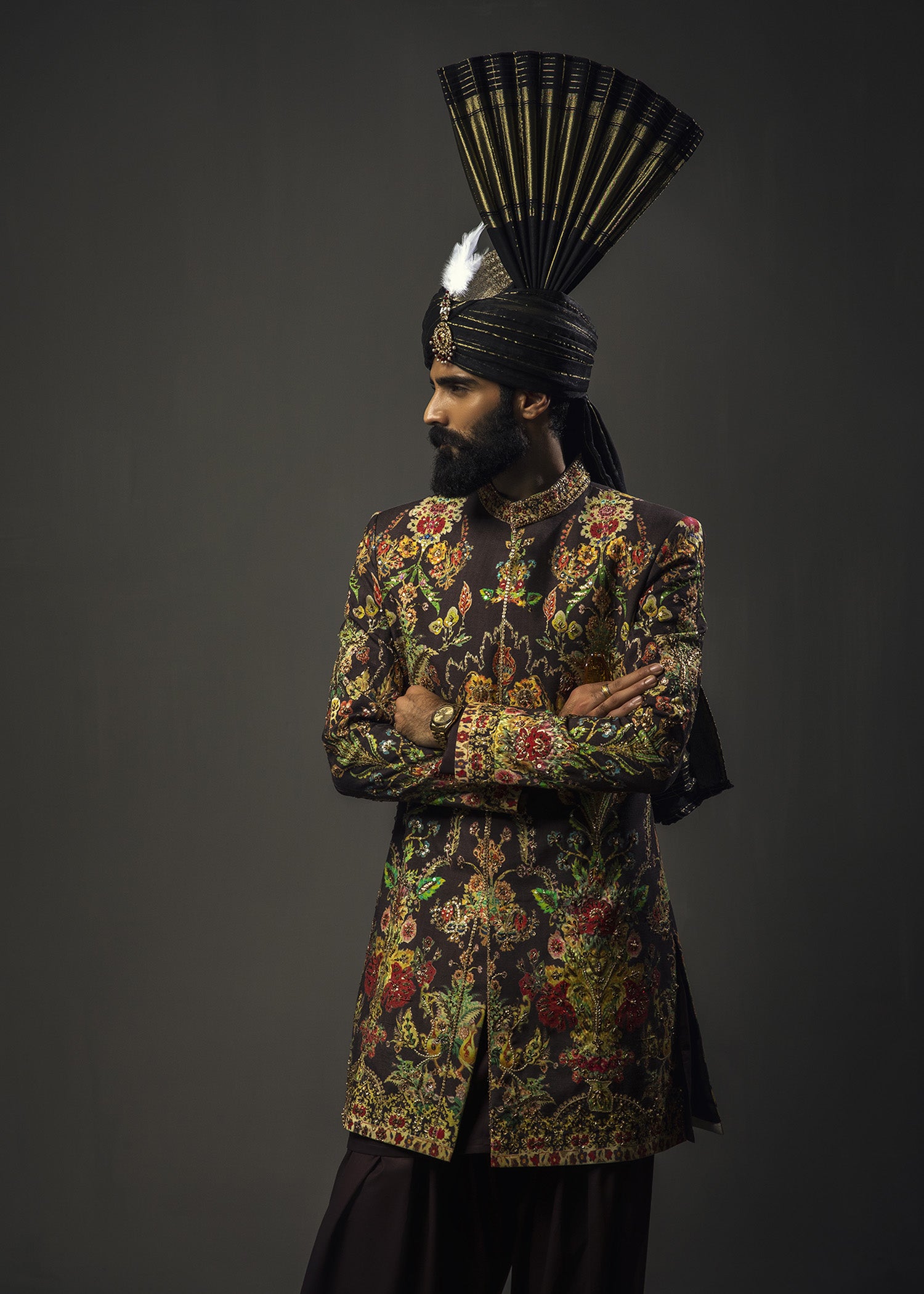 Chocolate Brown Zardozi Cotton Prince Coat (3-Piece) - Image 5