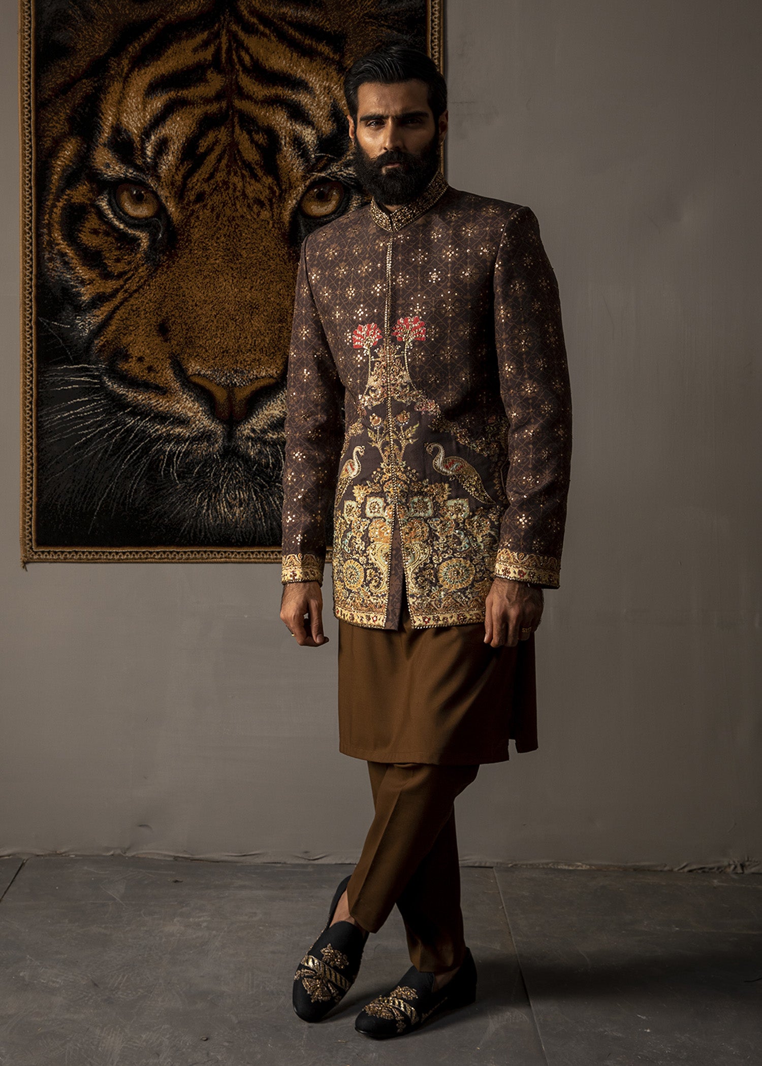 Walnut Brown Zardozi Cotton Short Sherwani (3-Piece) - Image 1