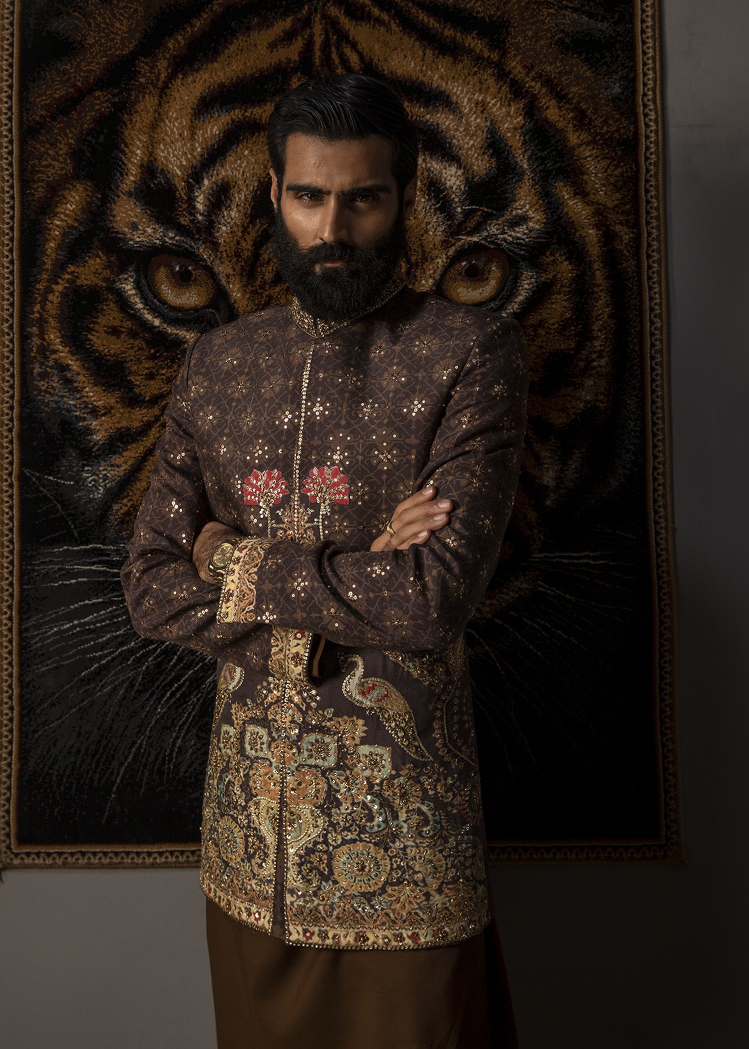 Walnut Brown Zardozi Cotton Short Sherwani (3-Piece) - Image 2