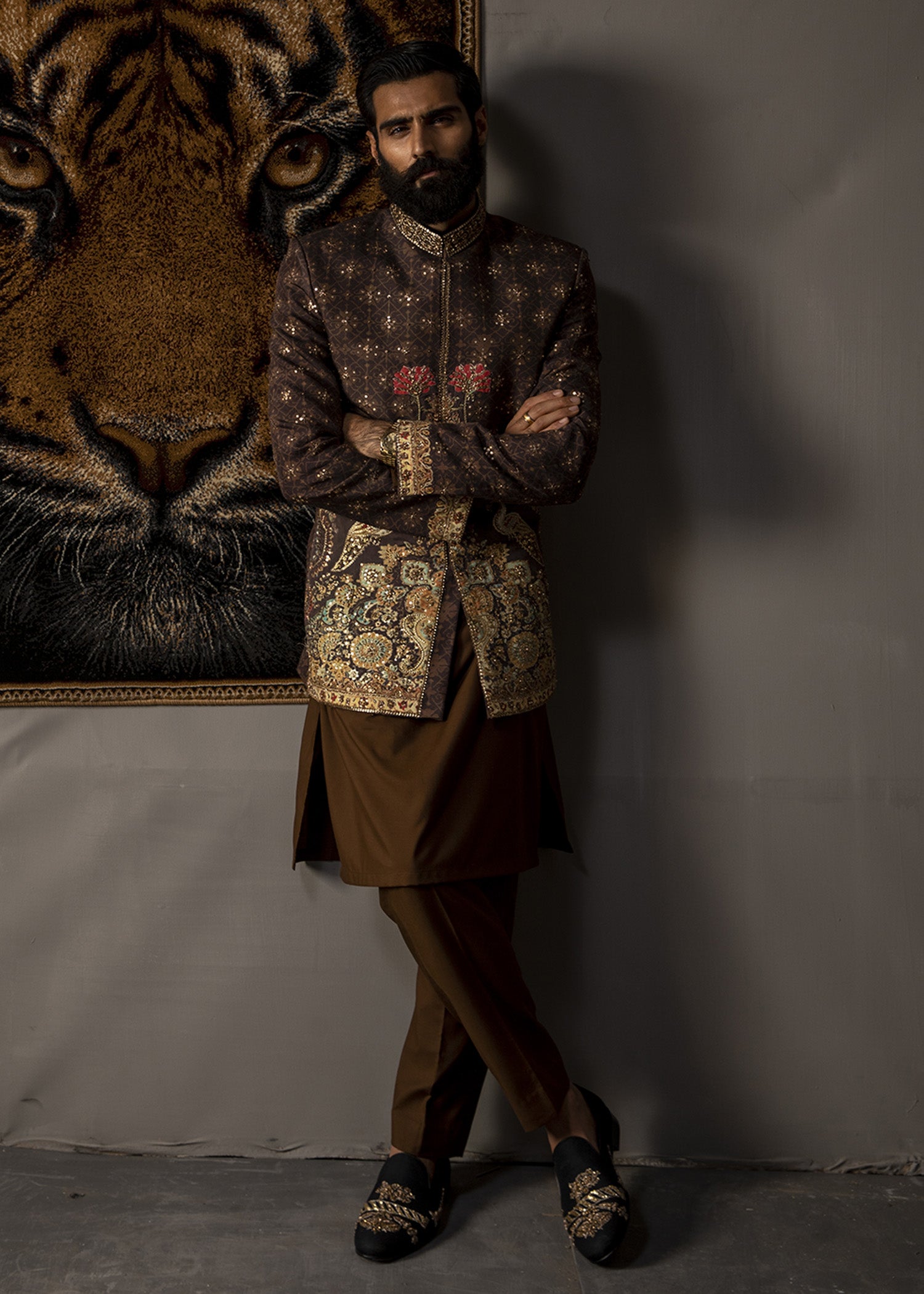 Walnut Brown Zardozi Cotton Short Sherwani (3-Piece) - Image 3