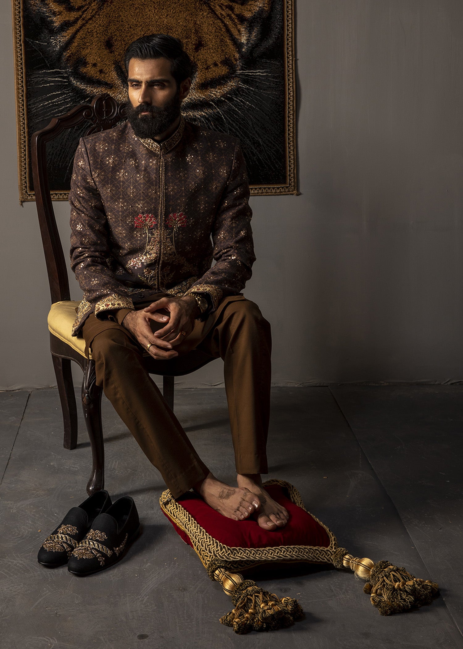 Walnut Brown Zardozi Cotton Short Sherwani (3-Piece) - Image 4