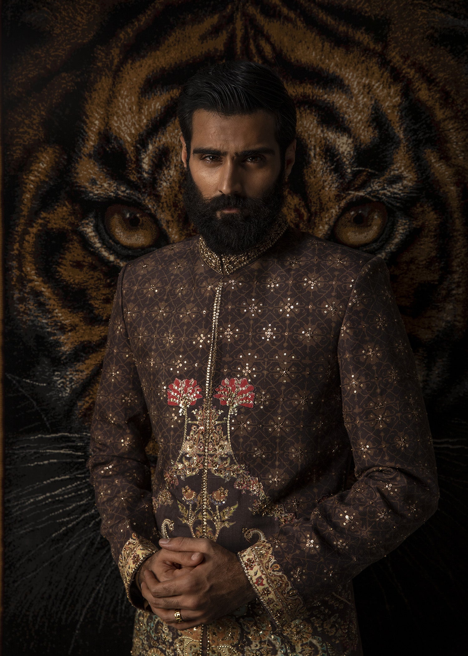 Walnut Brown Zardozi Cotton Short Sherwani (3-Piece) - Image 5