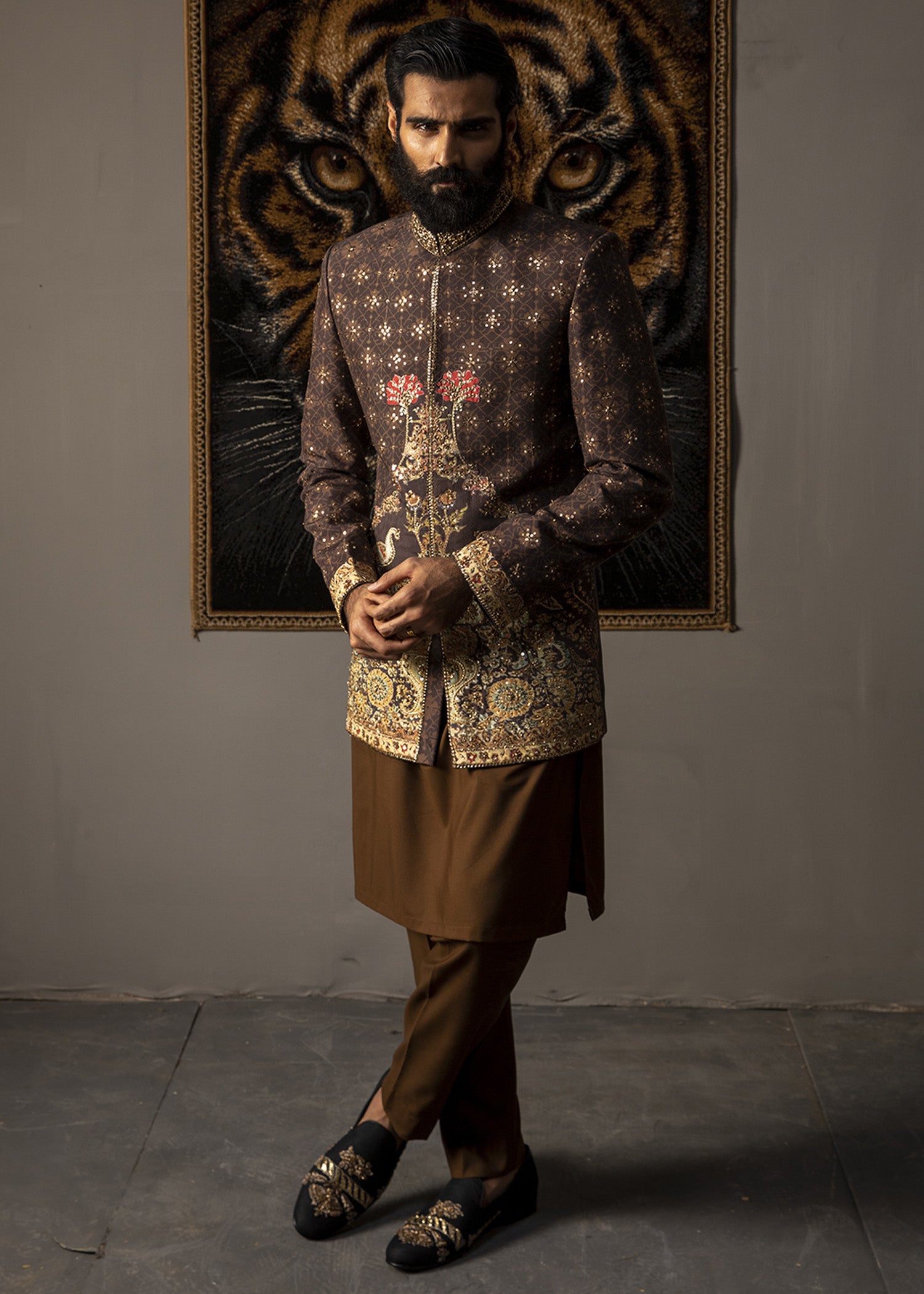 Walnut Brown Zardozi Cotton Short Sherwani (3-Piece) - Image 6