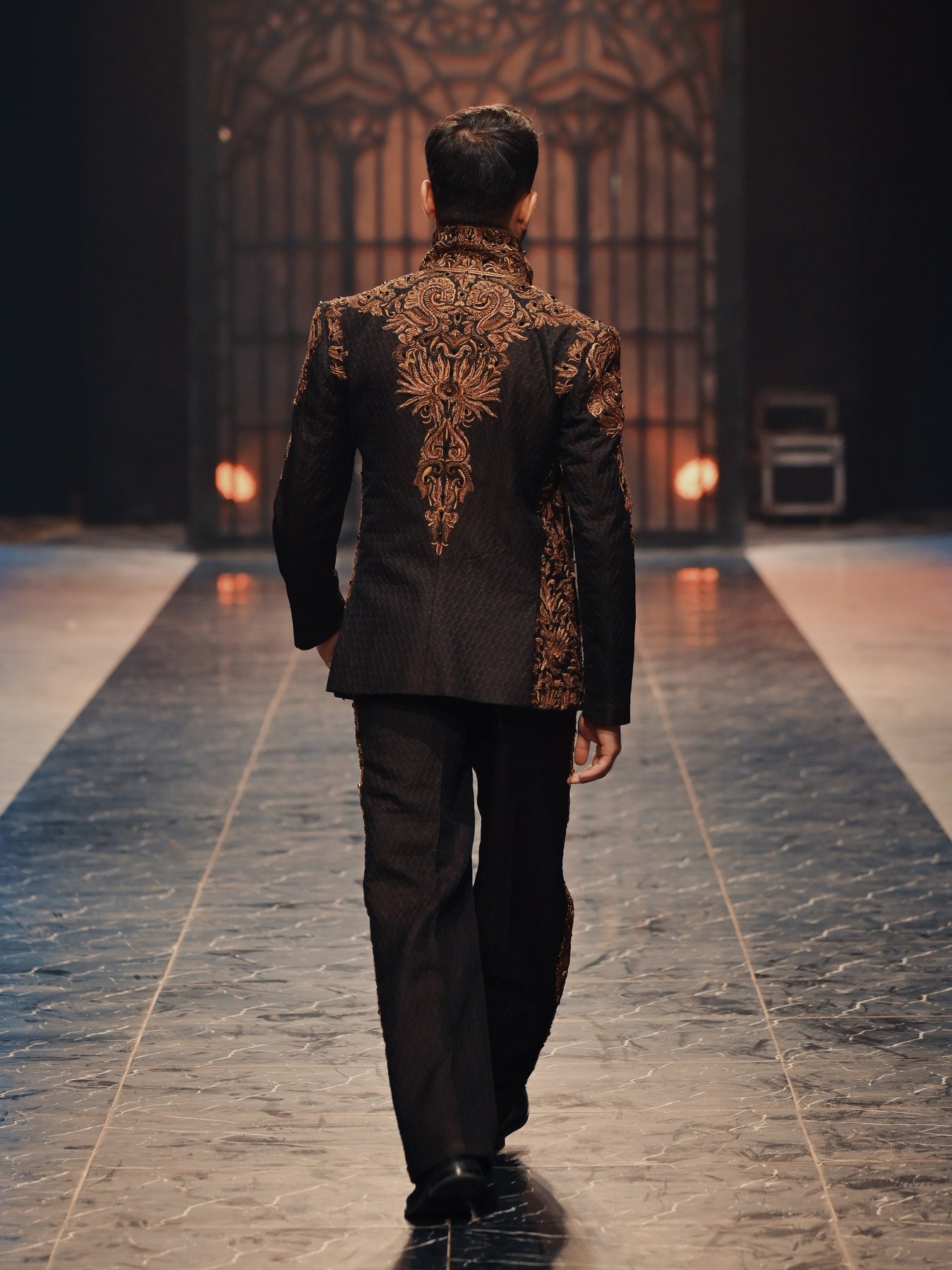 Deep Brown Embroidered Jamawar Prince Coat (2-Piece) - Image 3