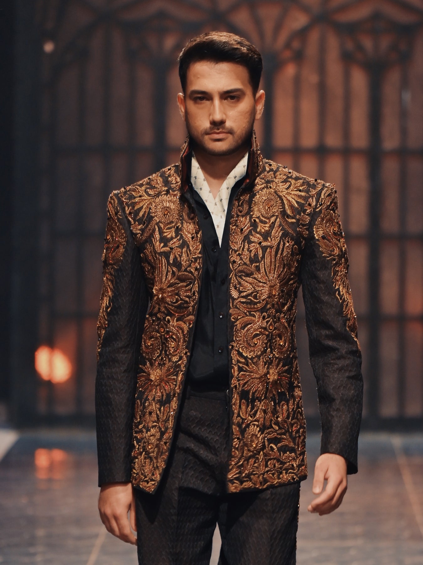 Deep Brown Embroidered Jamawar Prince Coat (2-Piece) - Image 4