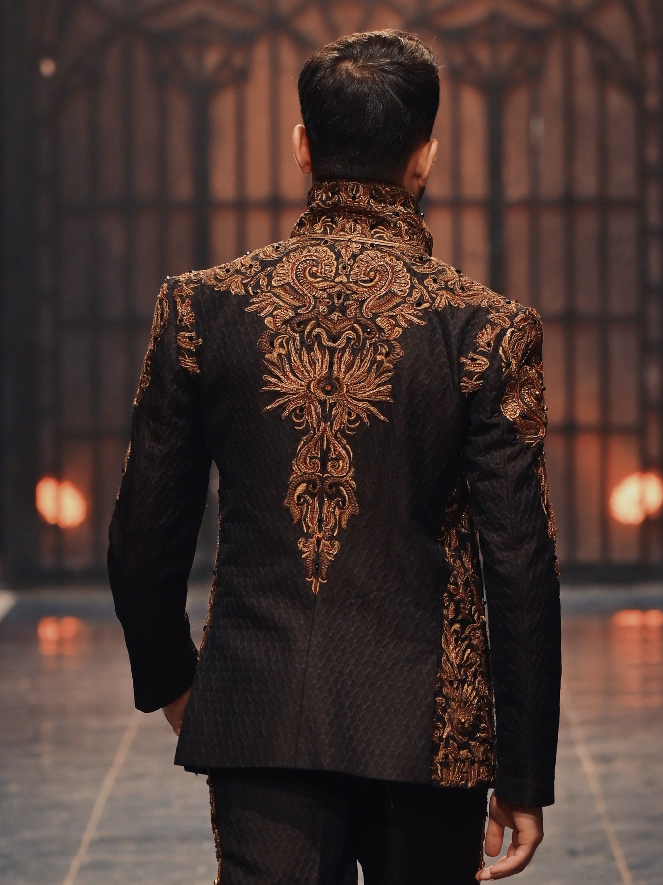 Deep Brown Embroidered Jamawar Prince Coat (2-Piece) - Image 5