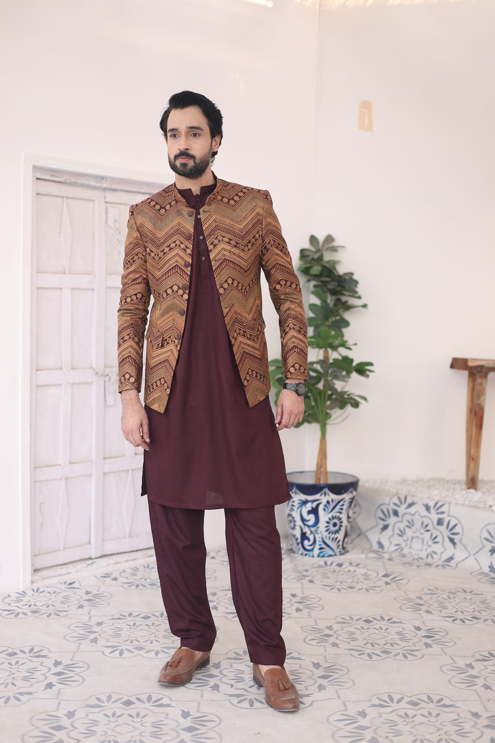 Brown Embroidered Raw Silk Prince Coat (2-Piece) - Image 1