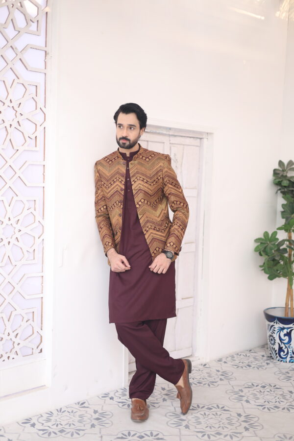 Brown Embroidered Raw Silk Prince Coat (2-Piece) - Image 2