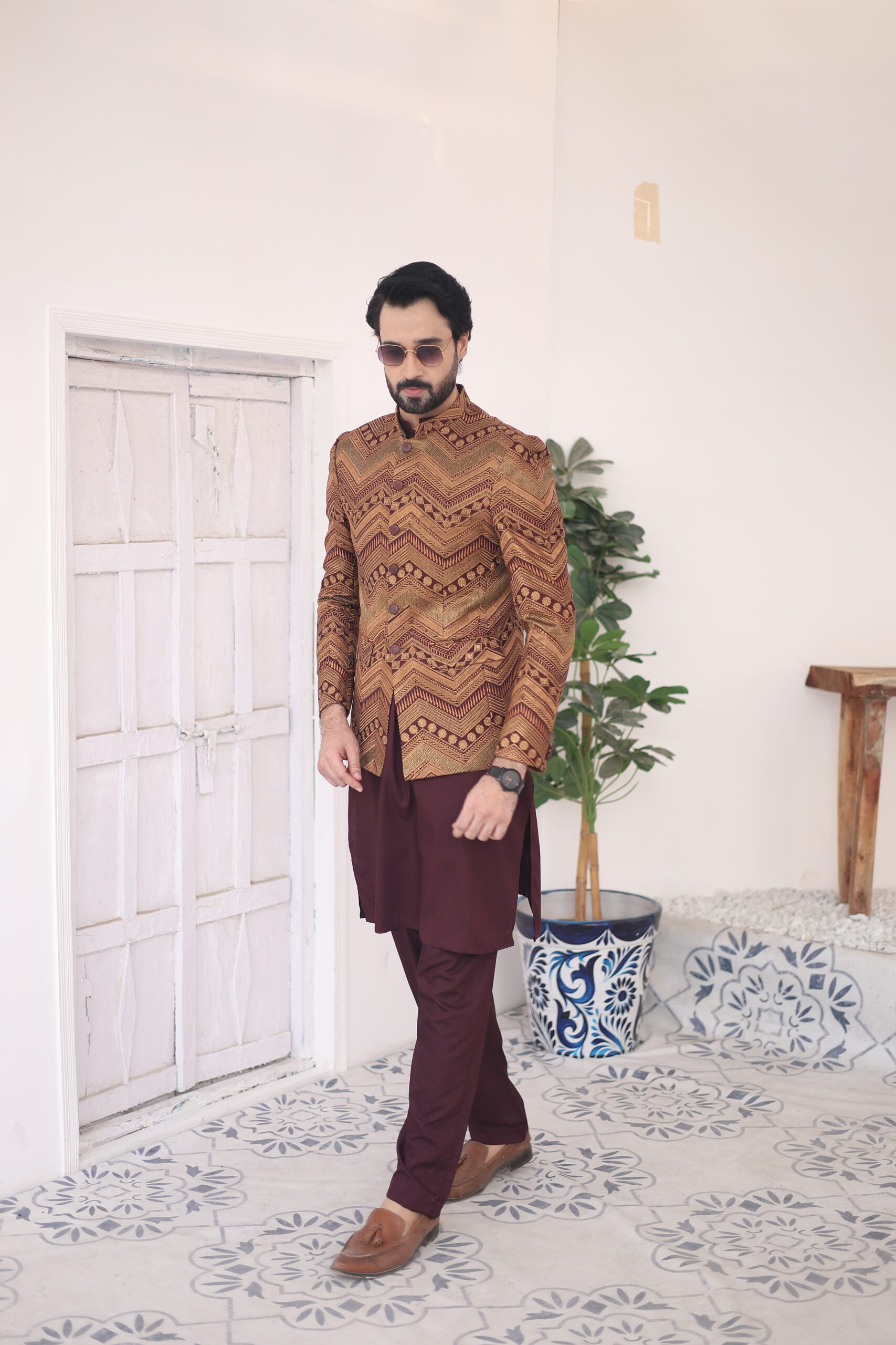 Brown Embroidered Raw Silk Prince Coat (2-Piece) - Image 3