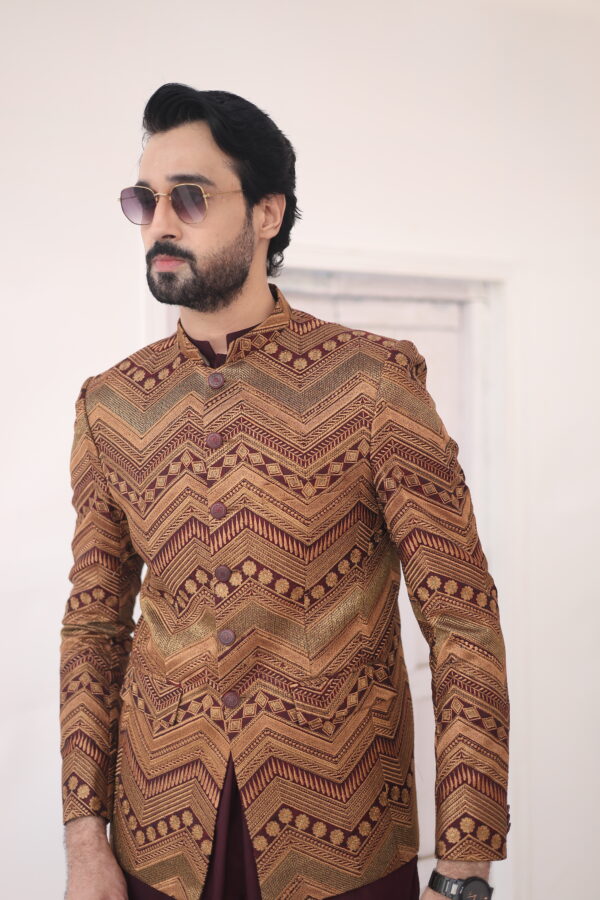 Brown Embroidered Raw Silk Prince Coat (2-Piece) - Image 5