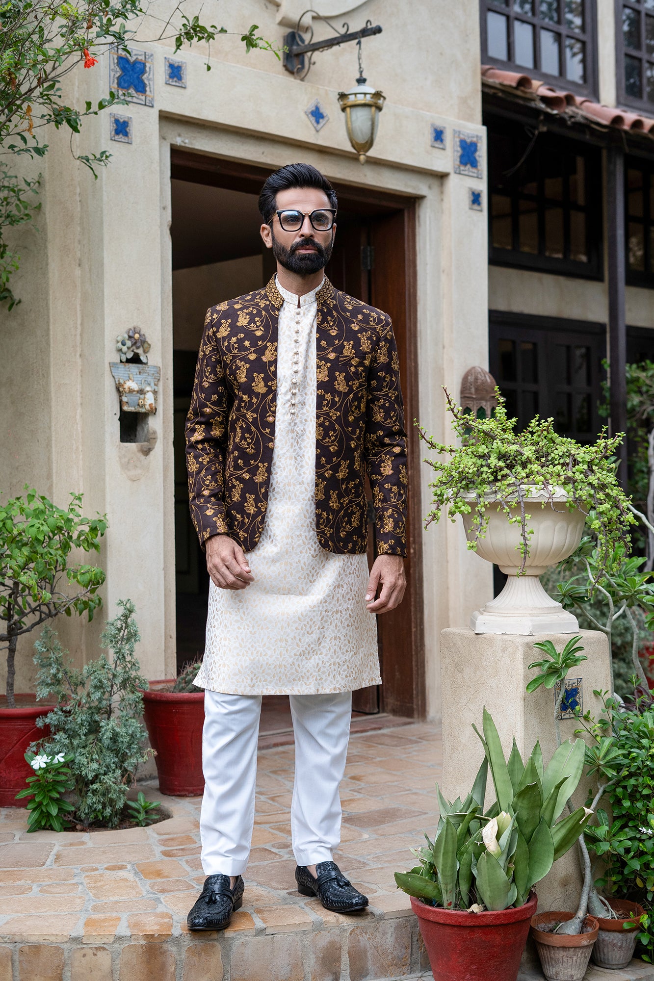 Brown Copper Embroidered Raw Silk Prince Coat (1-Pc) - Image 2