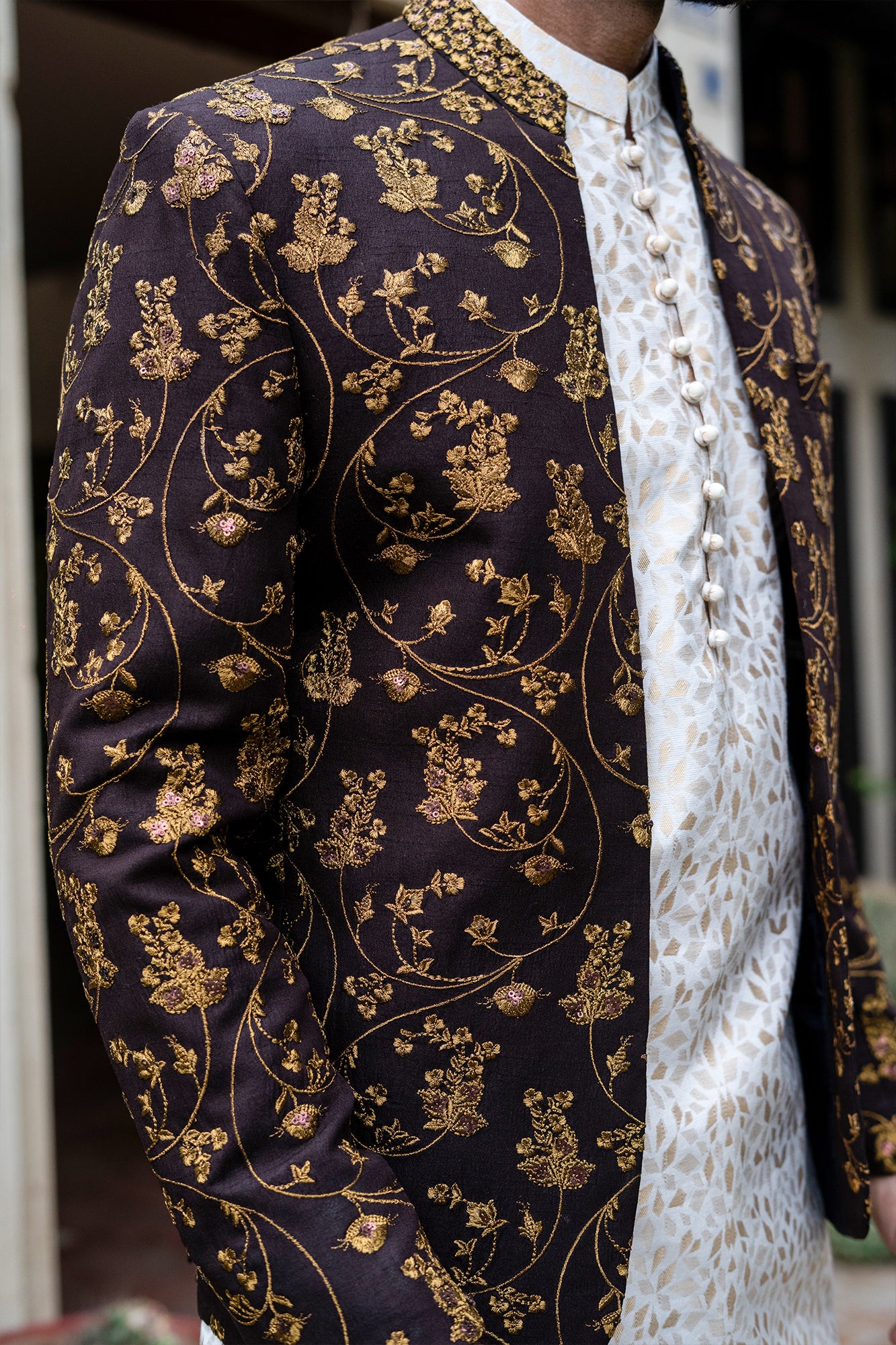 Brown Copper Embroidered Raw Silk Prince Coat (1-Pc) - Image 3