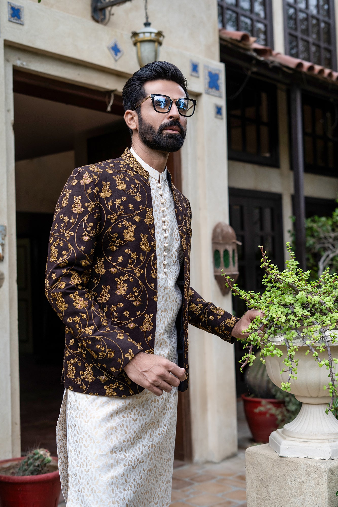 Brown Copper Embroidered Raw Silk Prince Coat (1-Pc) - Image 1