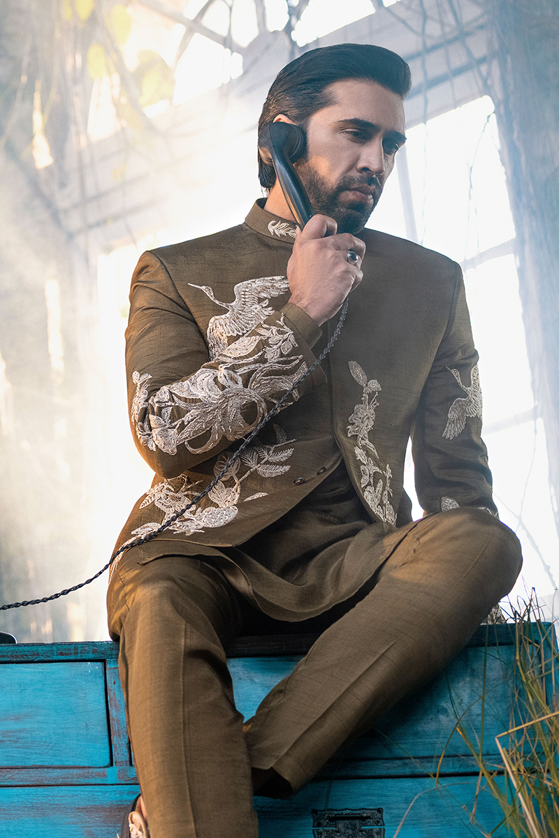 Brown Embroidered Raw Silk Prince Coat (3-Piece) - Image 2