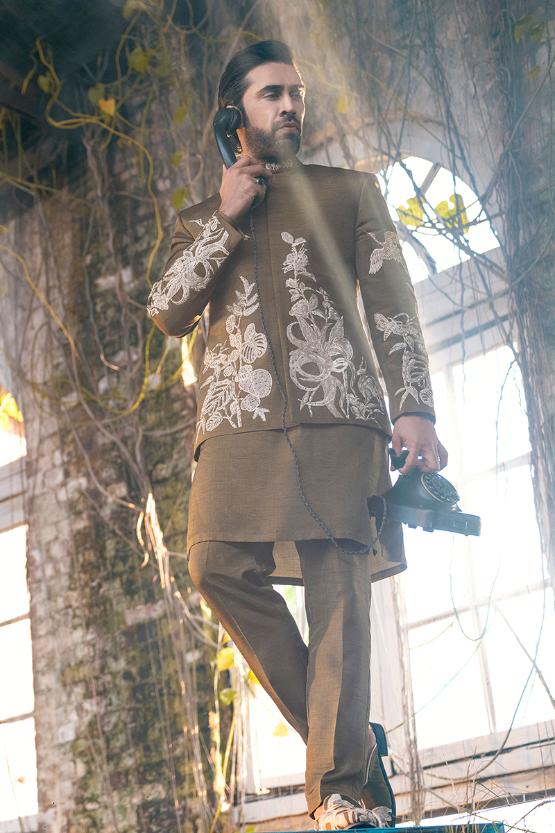 Brown Embroidered Raw Silk Prince Coat (3-Piece) - Image 3