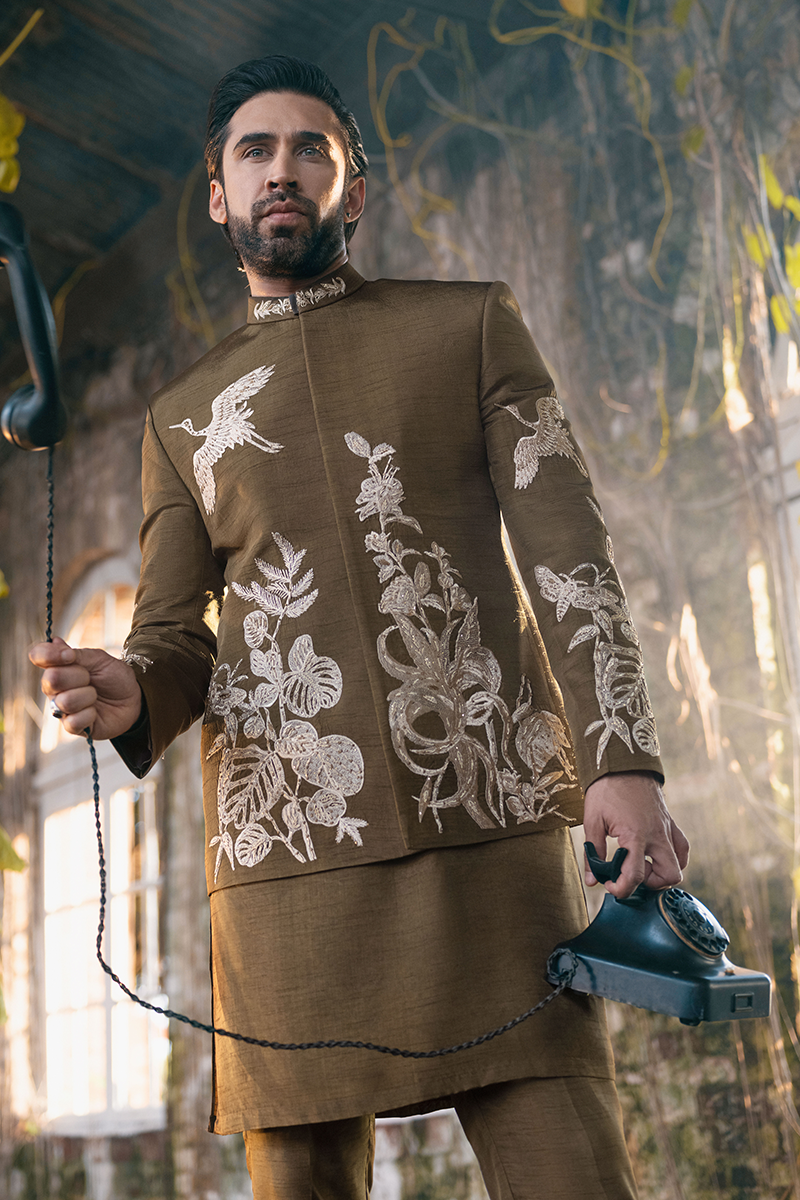 Brown Embroidered Raw Silk Prince Coat (3-Piece) - Image 4