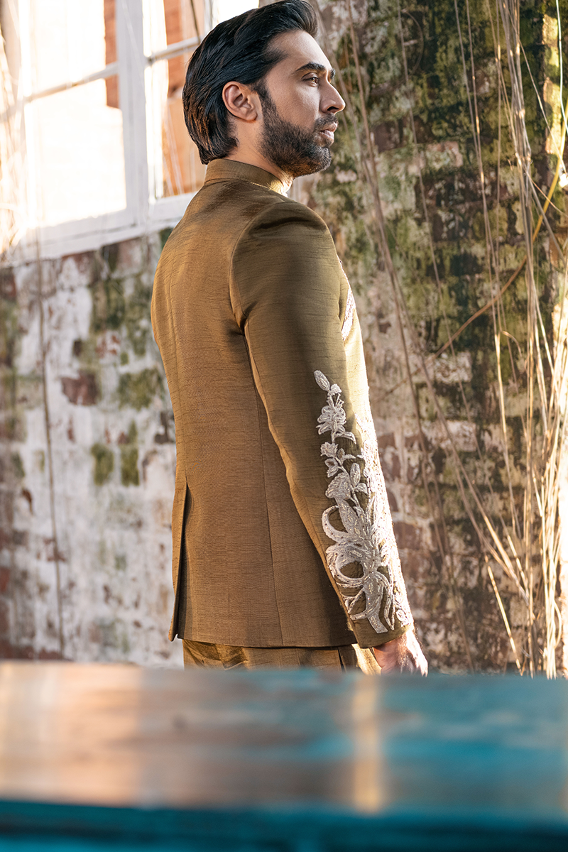Brown Hand Embroidered Raw Silk Prince Coat (3-Piece) - Image 5