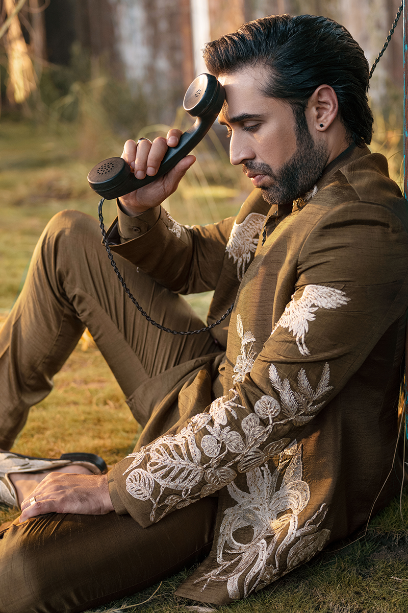 Brown Hand Embroidered Raw Silk Prince Coat (3-Piece) - Image 8