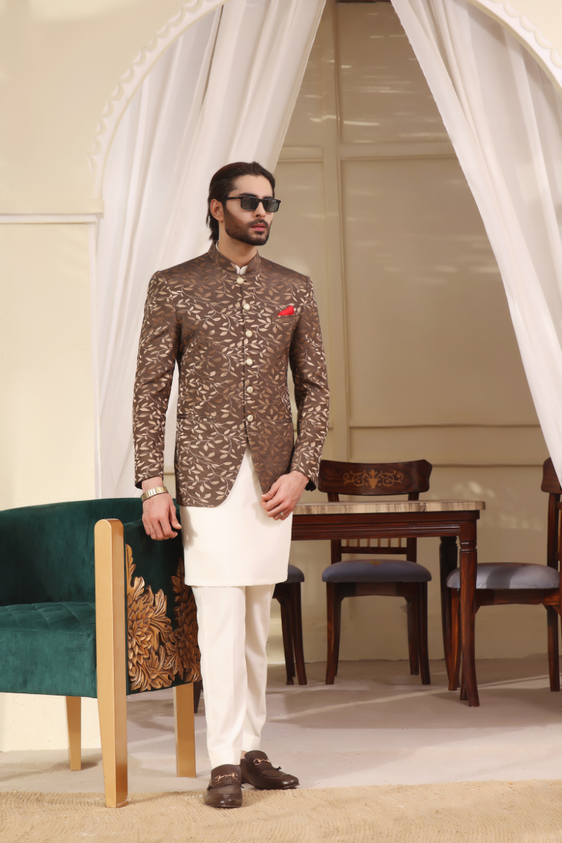 Brown Gold Printed Silk-Blend Prince Coat (3-Piece) - Image 1