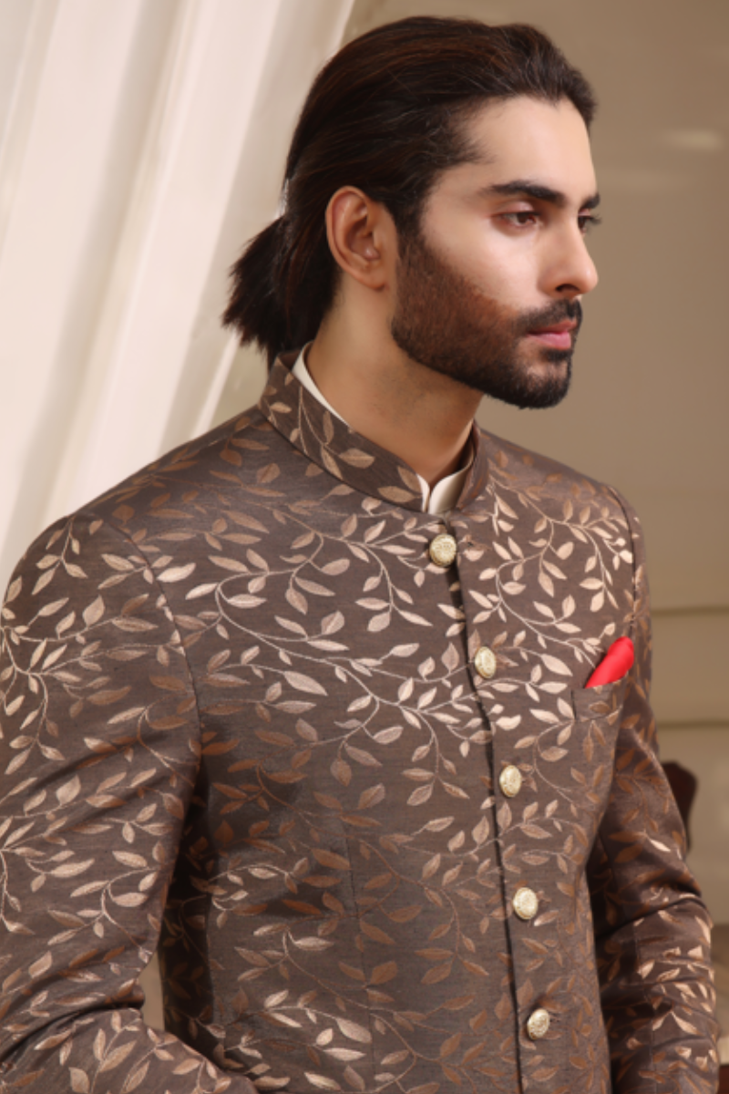 Brown Gold Printed Silk-Blend Prince Coat (3-Piece) - Image 2