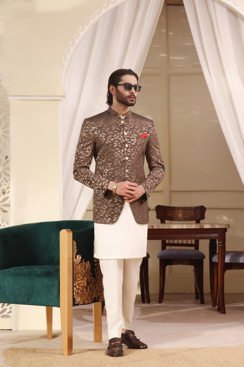 Brown Gold Printed Silk-Blend Prince Coat (3-Piece) - Image 3