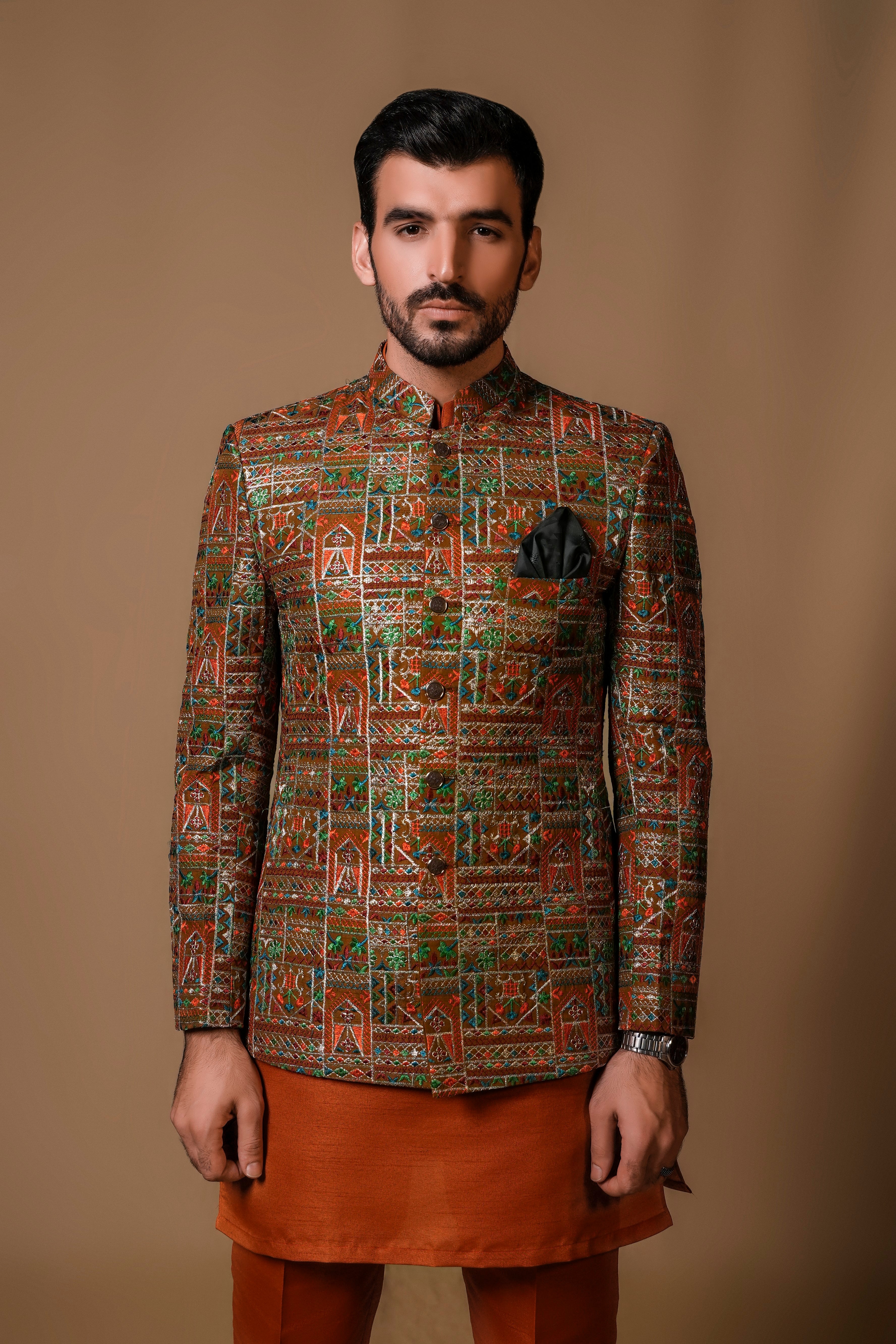 Rust Multicolour Embroidered Silk-Blend Prince Coat (3-Piece) - Image 1