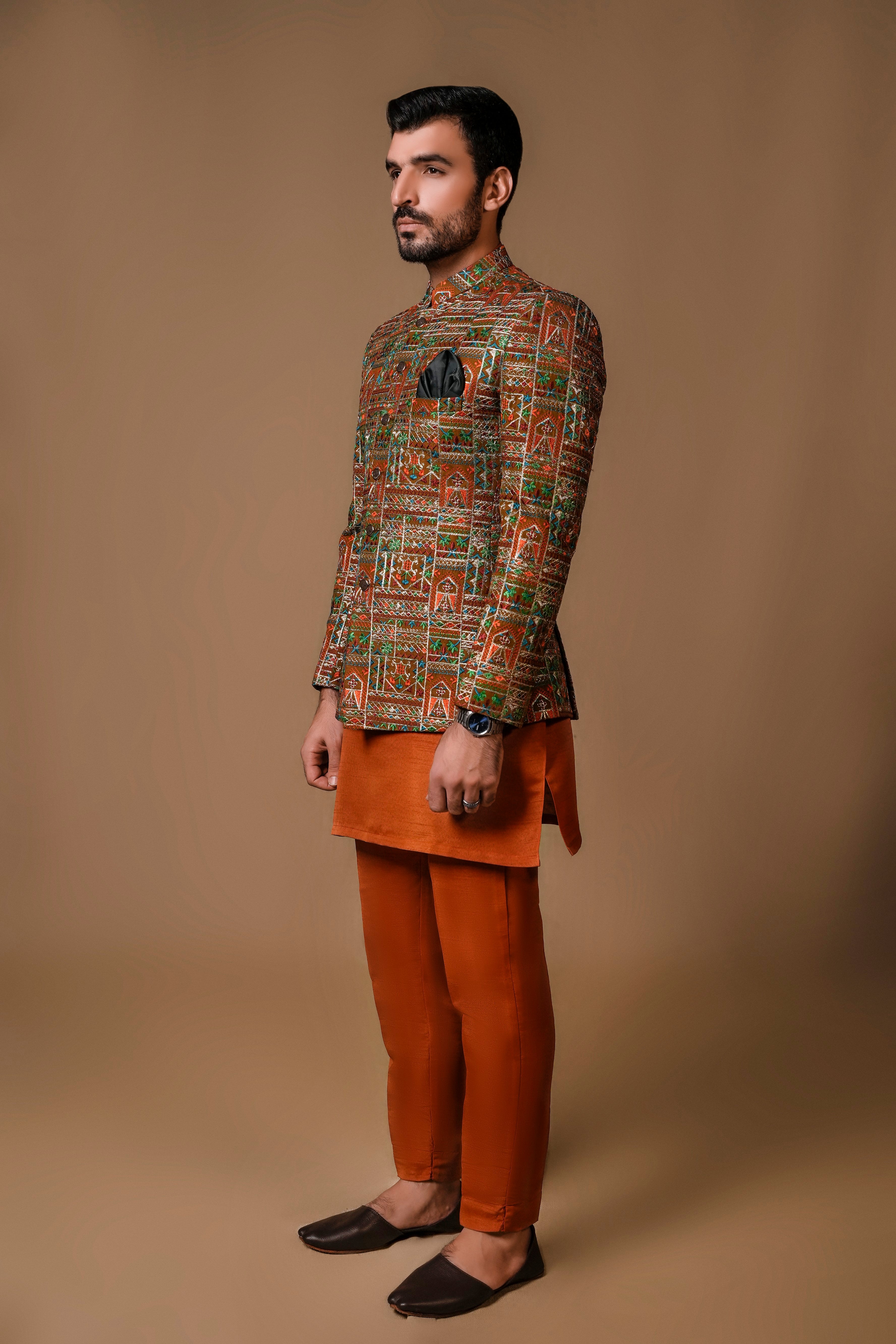 Rust Multicolour Embroidered Silk-Blend Prince Coat (3-Piece) - Image 2