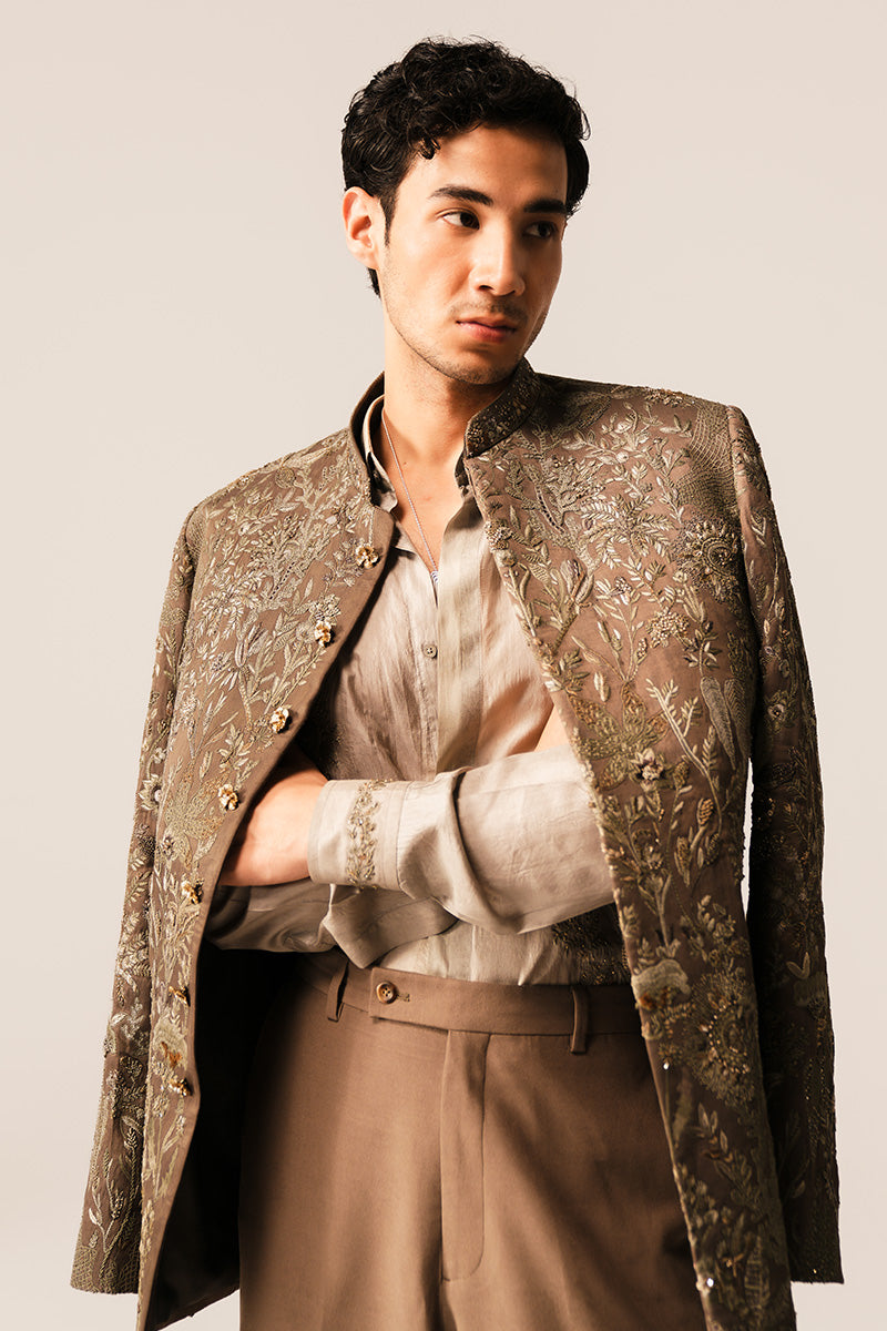 Cedar Brown Hand-Embroidered Silk-Blend Prince Coat (1-Pc) - Image 4