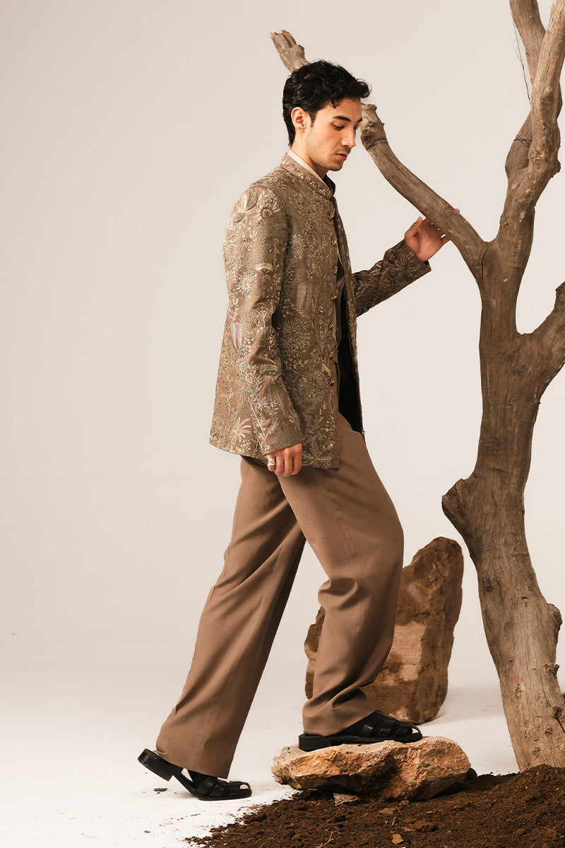 Cedar Brown Hand-Embroidered Silk-Blend Prince Coat (1-Pc) - Image 5