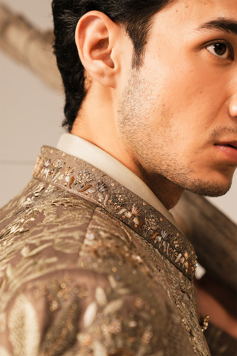 Cedar Brown Hand-Embroidered Silk-Blend Prince Coat (1-Pc) - Image 6