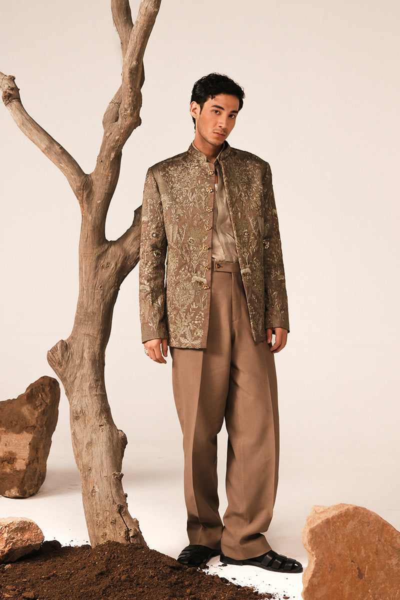 Cedar Brown Hand-Embroidered Silk-Blend Bandhgala (1-Pc) - Image 1