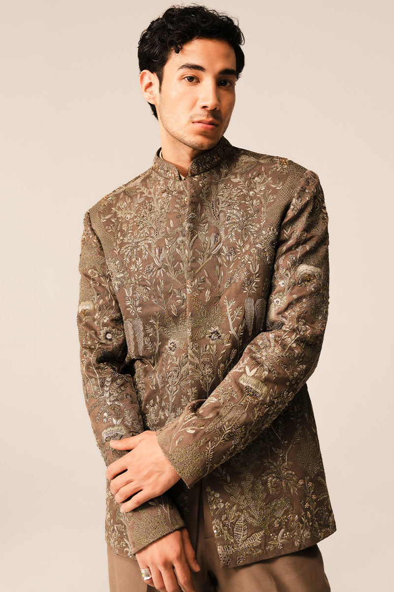 Cedar Brown Hand-Embroidered Silk-Blend Prince Coat (1-Pc) - Image 3