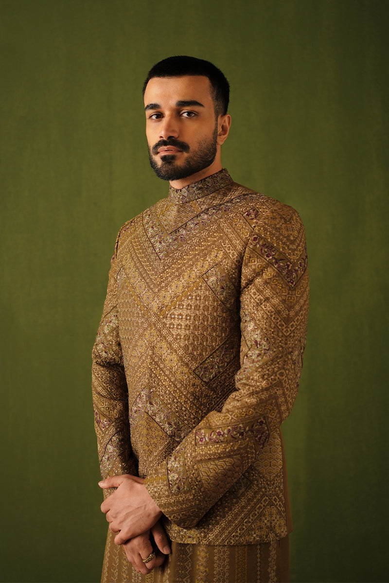 Cedar Brown Embroidered Silk-Blend Prince Coat (3-Piece) - Image 3