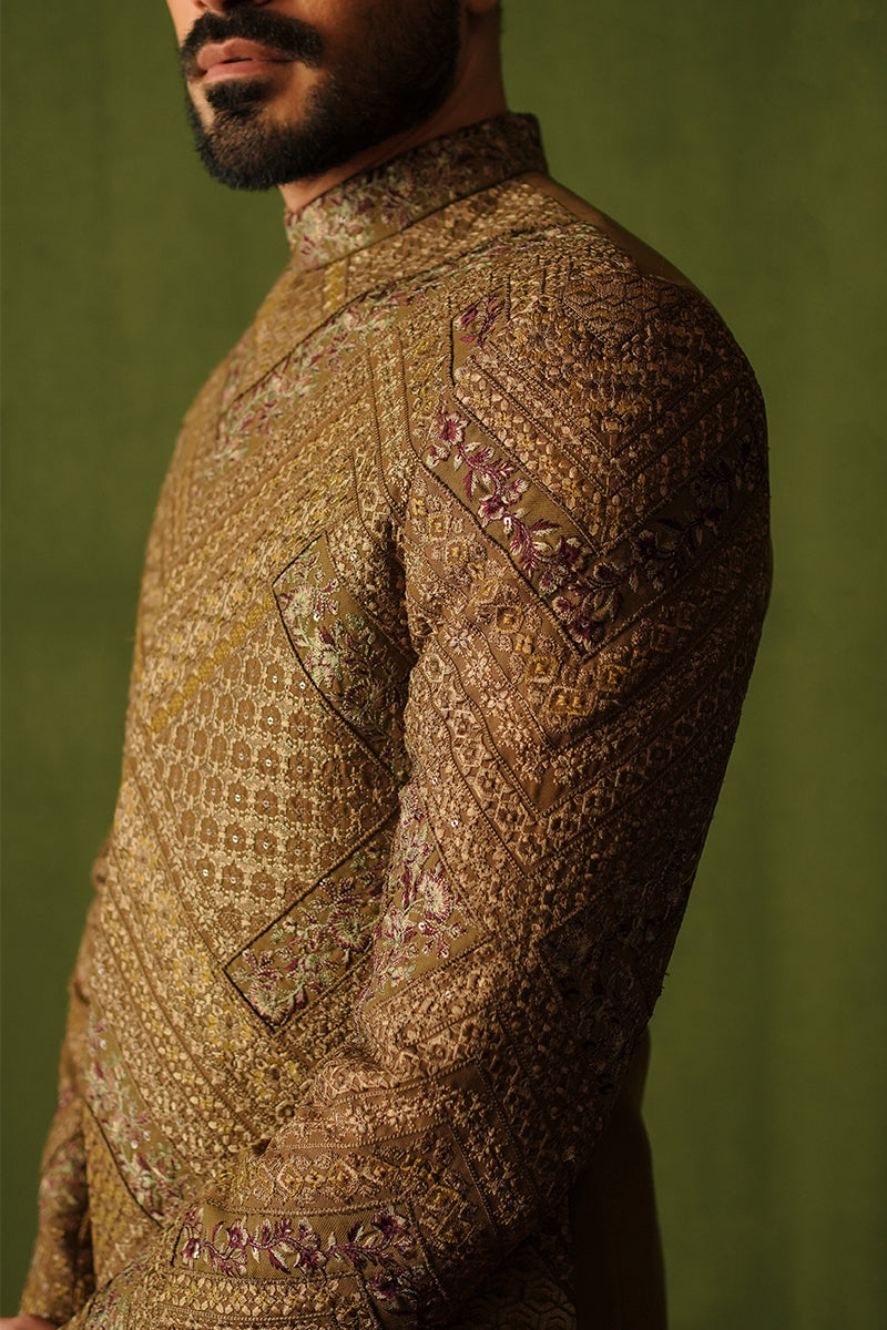 Cedar Brown Embroidered Silk-Blend Prince Coat (3-Piece) - Image 1