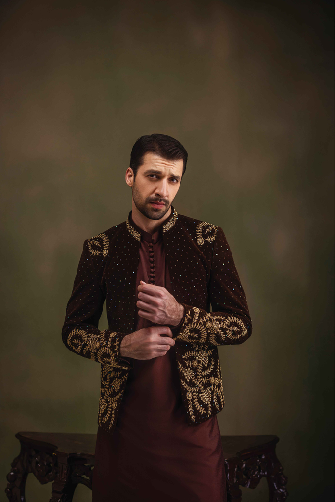 Brown Embroidered Velvet Prince Coat (3-Piece) - Image 1
