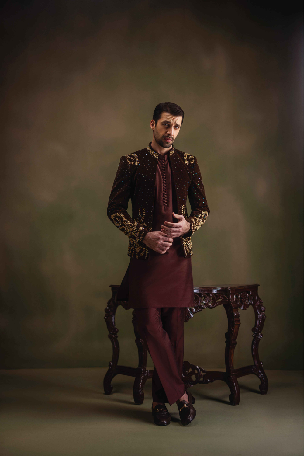Brown Embroidered Velvet Prince Coat (3-Piece) - Image 3