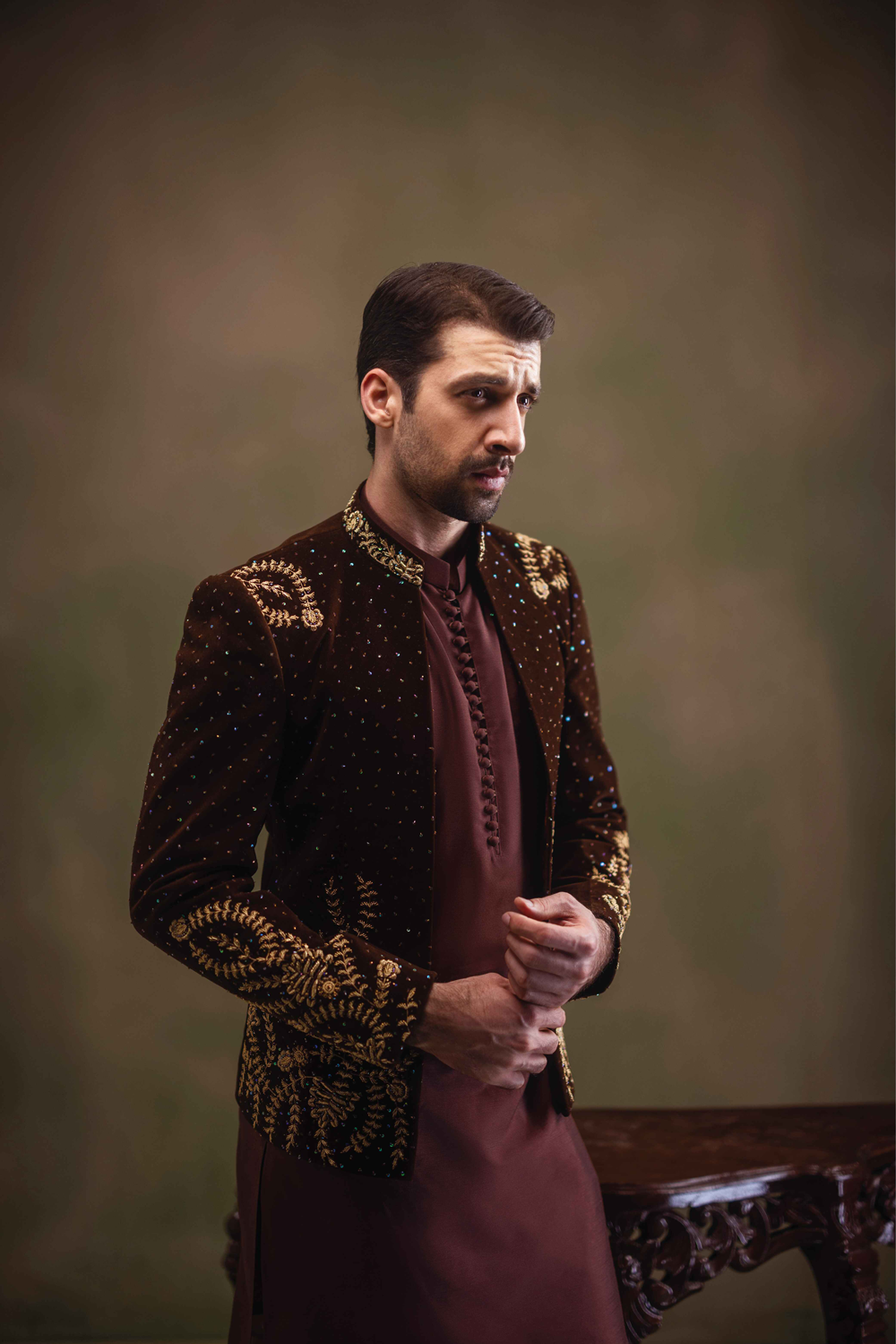 Brown Embroidered Velvet Prince Coat (3-Piece) - Image 4