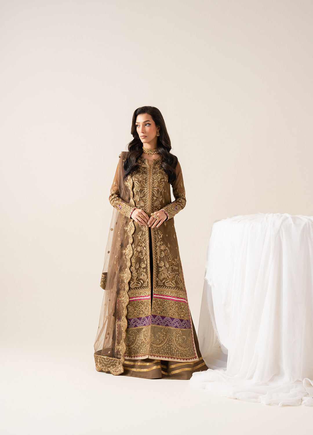 Pakistani Golden Brown Embroidered Chiffon & Organza Salwar Kameez (3-Piece) - Image 1